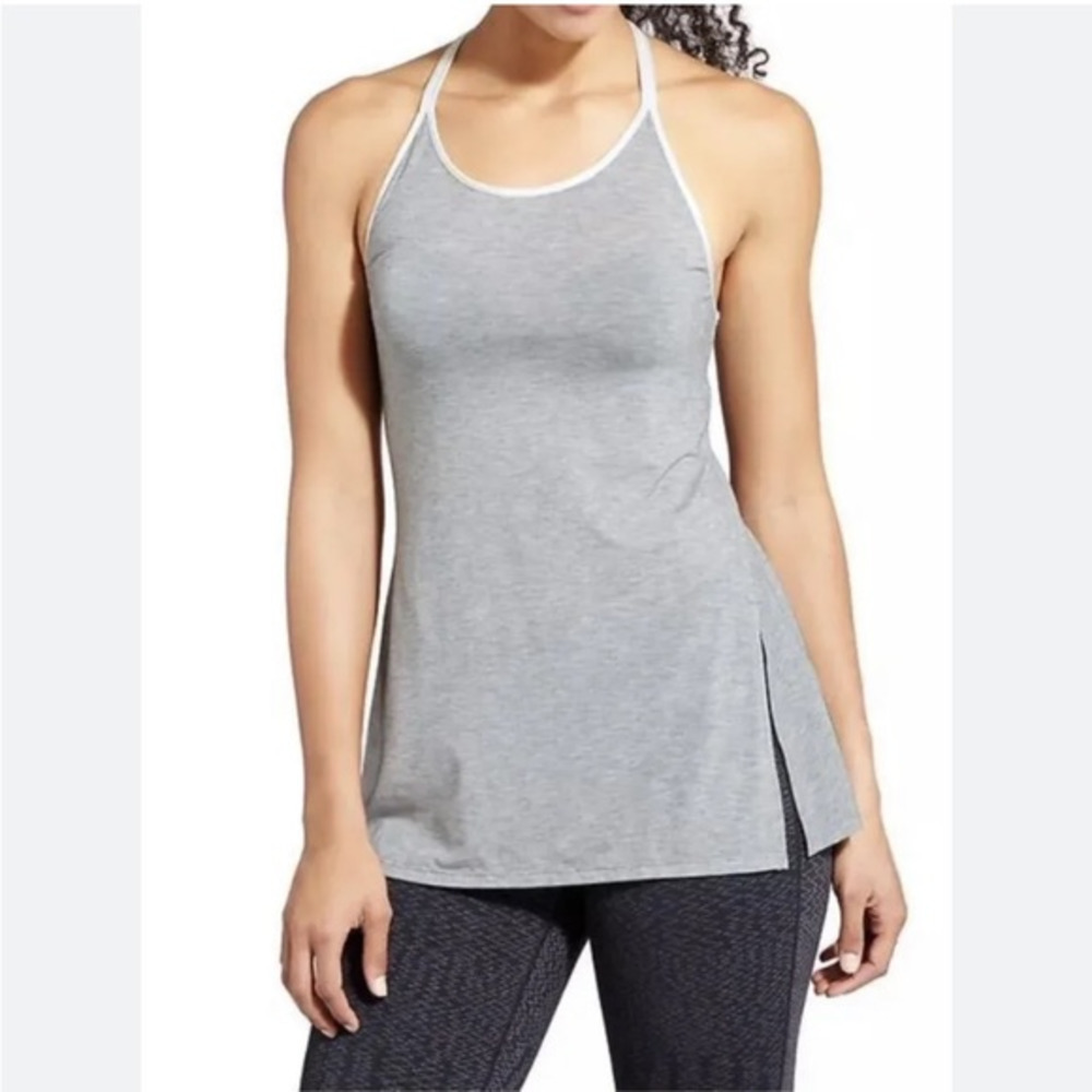 Athleta Essence‎ Satin Mesh Tank Top Gray/white Strappy Back Stretch size large